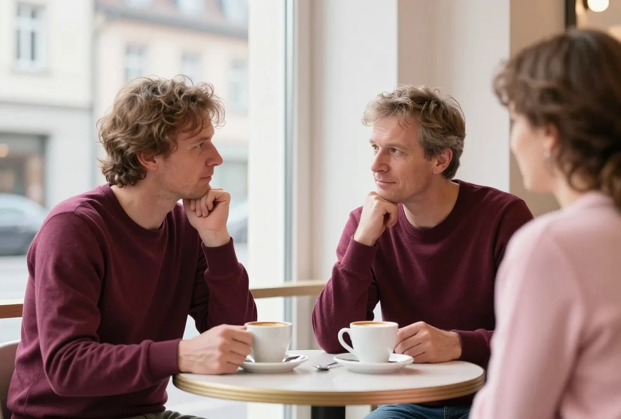 Zwei Menschen in den Fünfzigern unterhalten sich bei Kaffee an einem kleinen runden Tisch in einem ruhigen Café