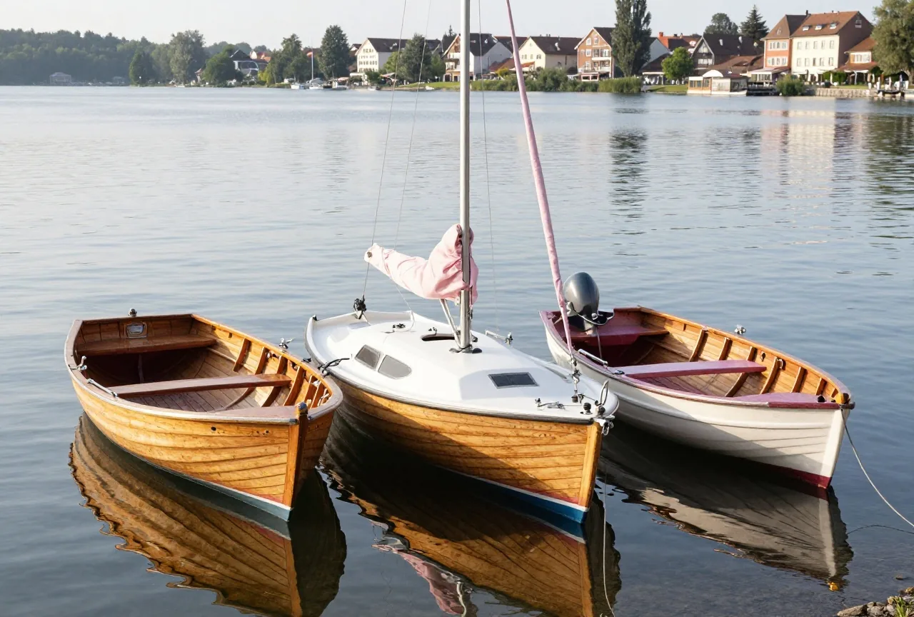 Drei Boote liegen nebeneinander an einem Steg am See, ein Ruderboot, ein Segelboot und ein kleines Motorboot