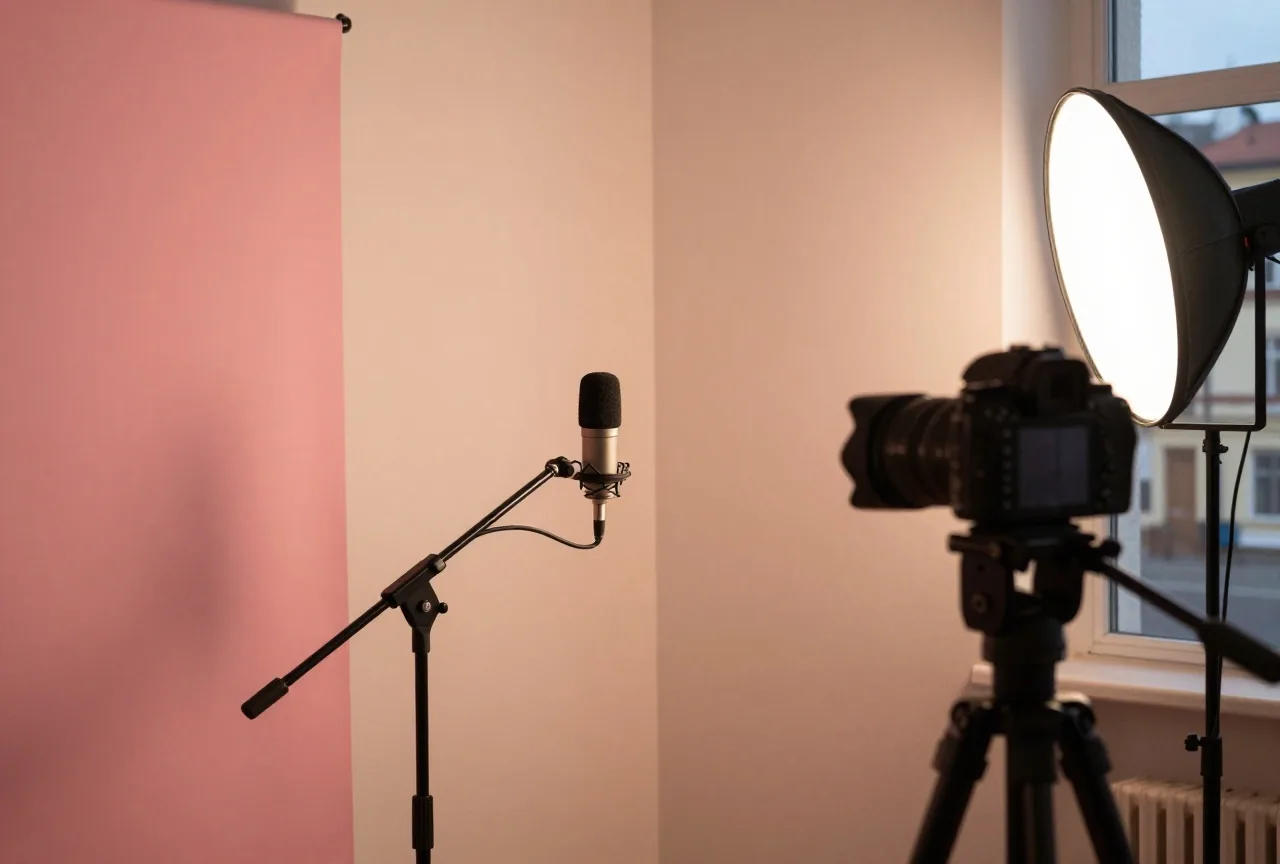 Eine kleine Studioecke mit Mikrofon auf einem Ständer, Kamera auf einem Stativ und runder Leuchte vor einer warmen Wand