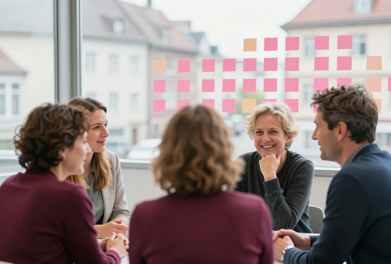 Vier Erwachsene unterschiedlichen Alters unterhalten sich lachend in einem Besprechungsraum, an der Glaswand hängen leere Haftnotizen