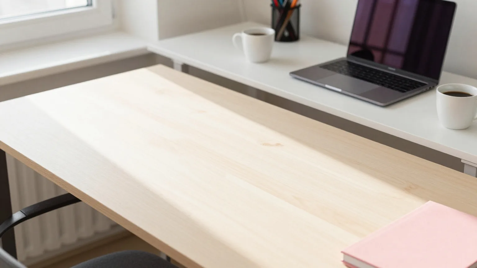 Eine Werkbank in einer hellen Werkstatt neben einem aufgeräumten Schreibtisch mit zugeklapptem Laptop und Kaffeetasse