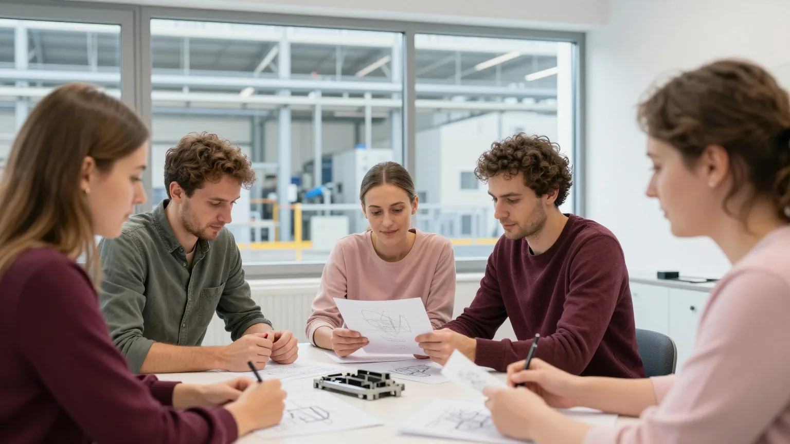 Vier Kollegen unterschiedlichen Alters an einem Tisch mit Papierskizzen und einem Maschinenteil, im Hintergrund eine Werkshalle