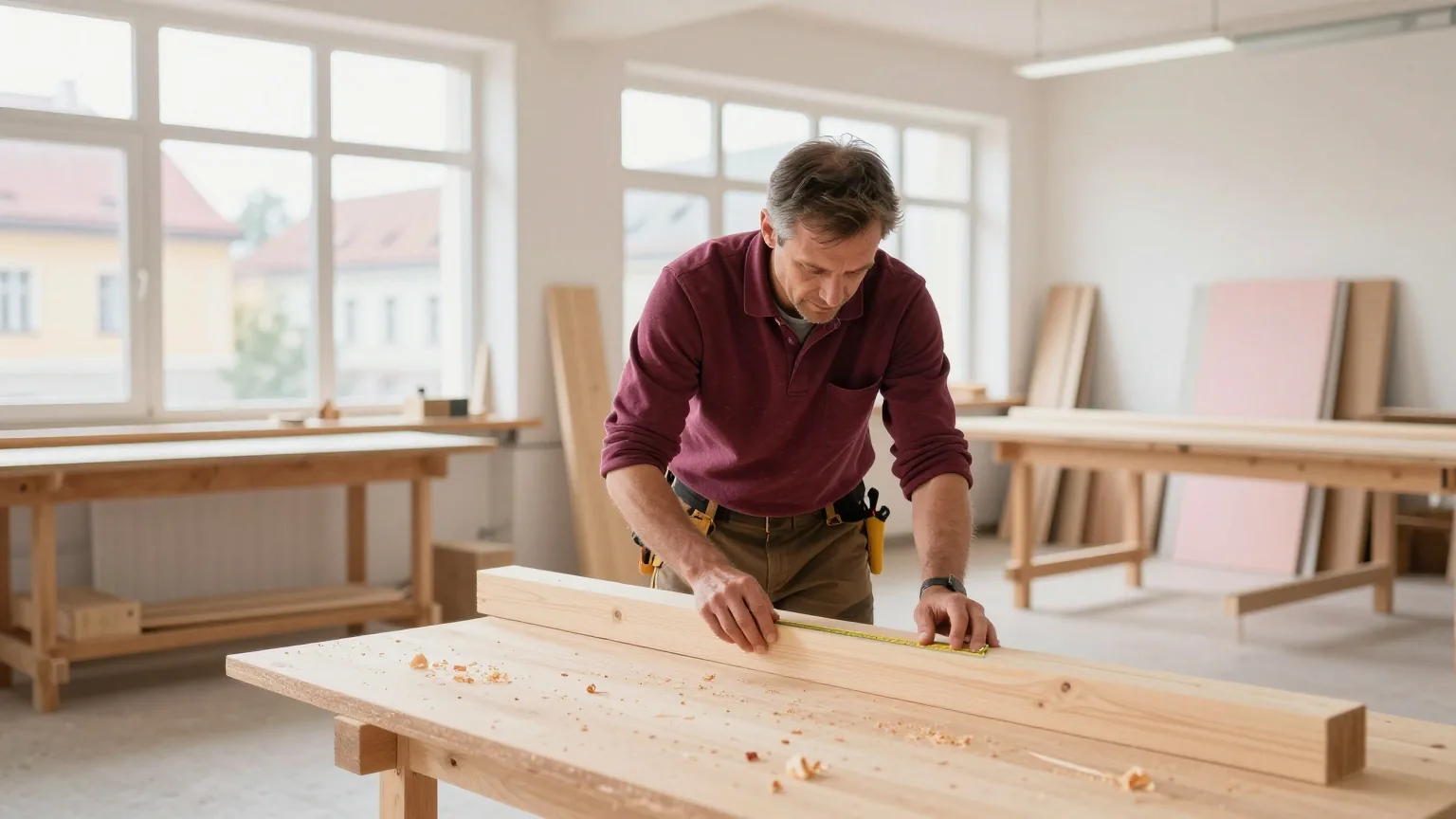 Ein Tischler in den Vierzigern misst in einer hellen Werkstatt einen Holzbalken, Hobelspäne auf dem Boden