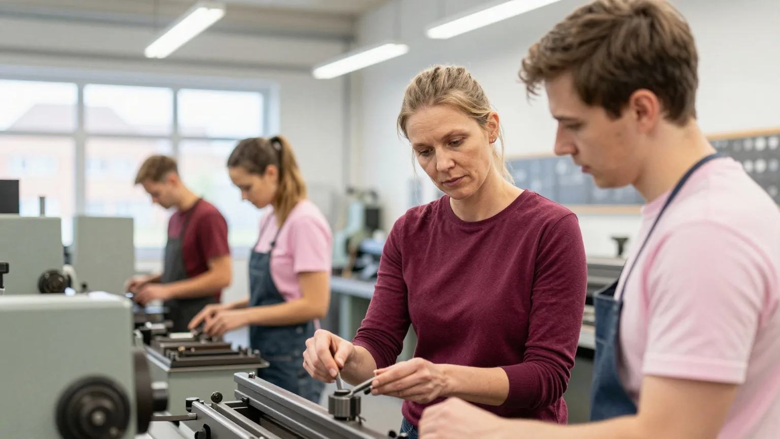 Eine Frau in den Fünfzigern und ein jüngerer Kollege besprechen in einer Metallbauhalle ein Bauteil neben einer Maschine