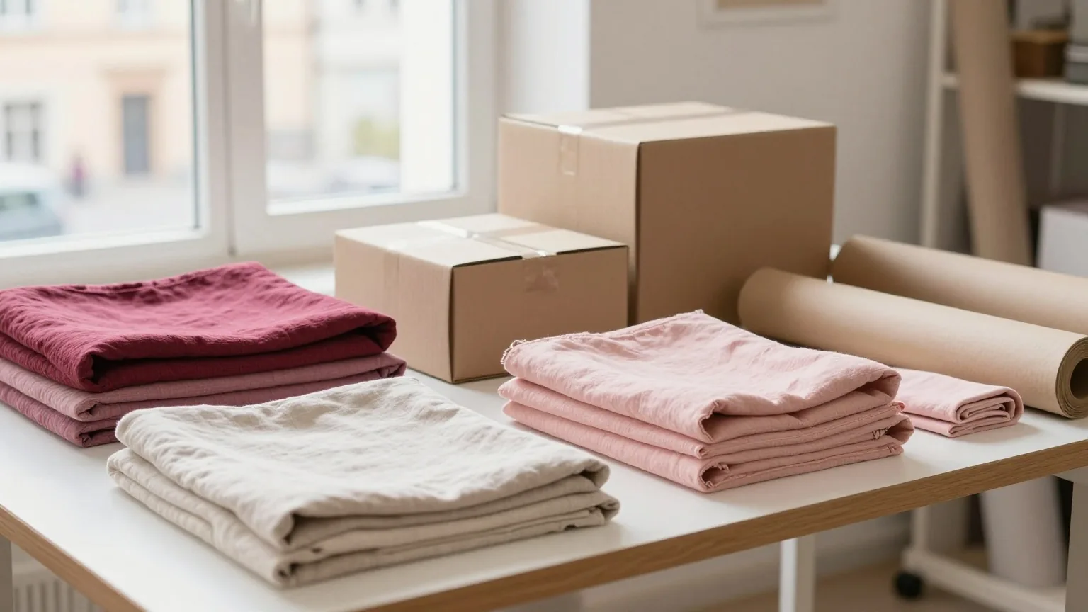 Ein Packtisch in einer hellen Werkstatt mit gefalteten Leinenstoffen, schlichten Kartons und einer Rolle Packpapier