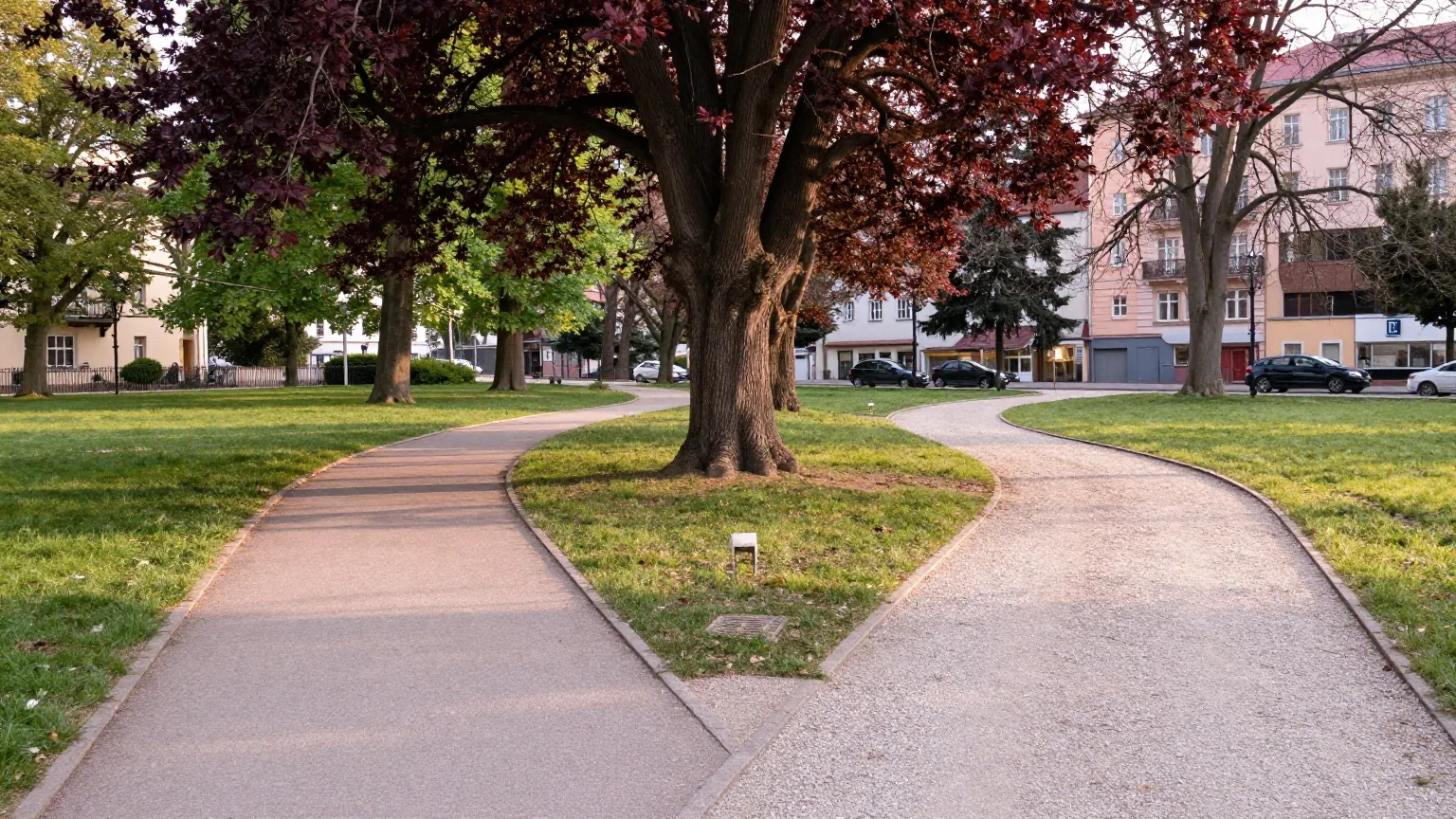 Zwei Wege in einem sonnigen Park teilen sich an einem alten Baum, einer gerade gepflastert, einer geschwungen