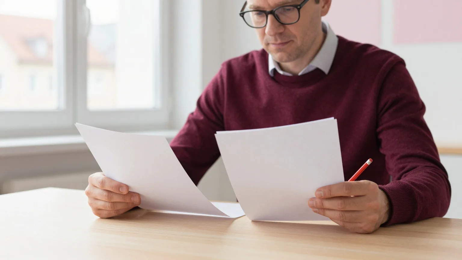 Ein Mann in den Fünfzigern mit Lesebrille vergleicht am hellen Holztisch zwei Stapel Papierbögen, in der Hand ein roter Stift