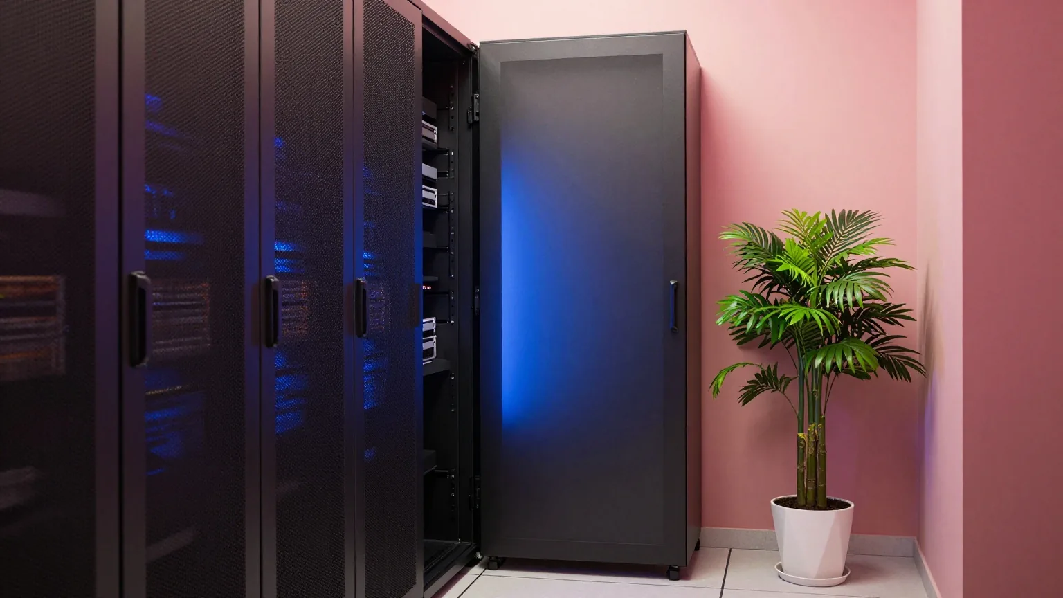 Eine ruhige Ecke eines Serverraums mit geschlossenem Serverschrank, blauem Licht und einer Topfpflanze daneben