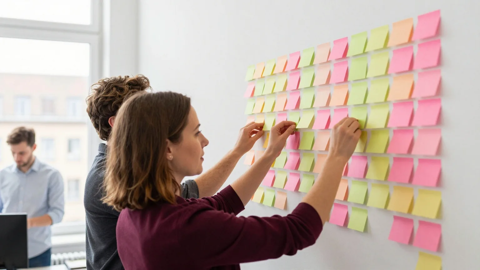 Eine Frau in den Dreißigern ordnet bunte Haftnotizen in Spalten an einer weißen Wand in einem hellen Büro