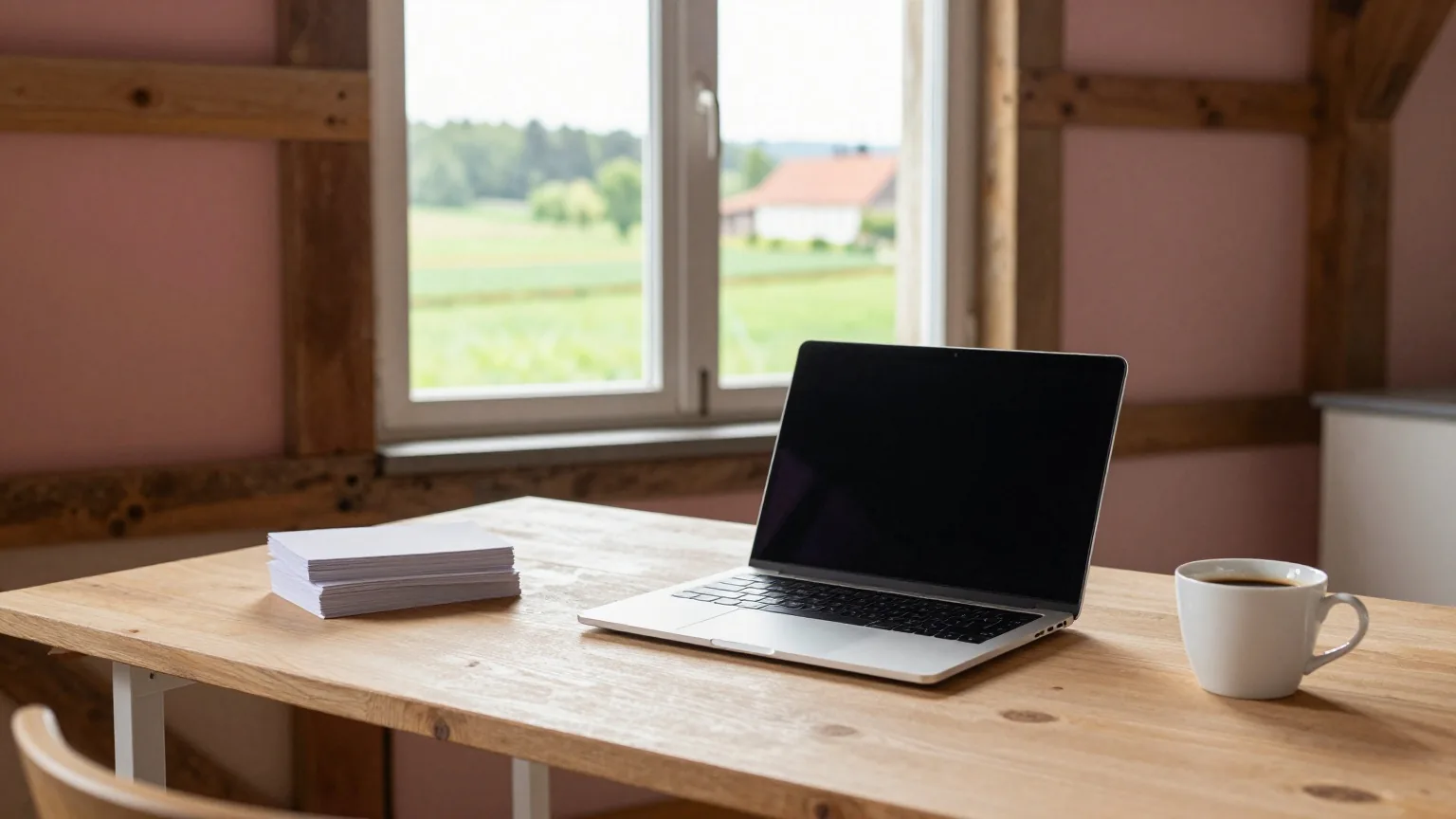 Kleines helles Büro in einer umgebauten Dorfscheune mit Holzschreibtisch, zugeklapptem Laptop, Karteikarten und Kaffeetasse