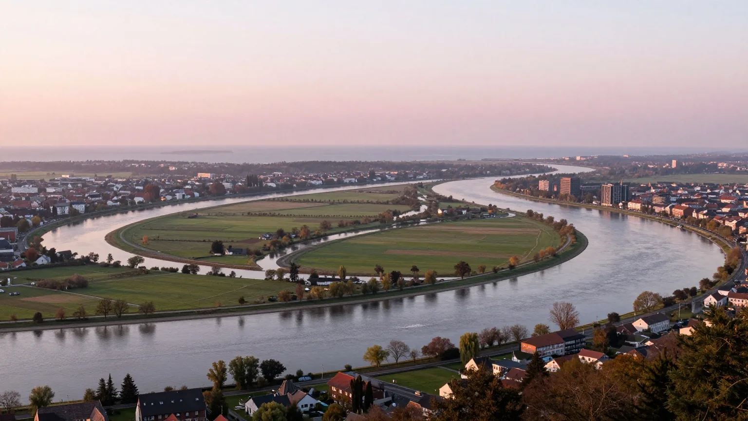 Ein breites Flussdelta bei Sonnenaufgang von einem Hügel aus, ein Fluss teilt sich in viele kleine Arme